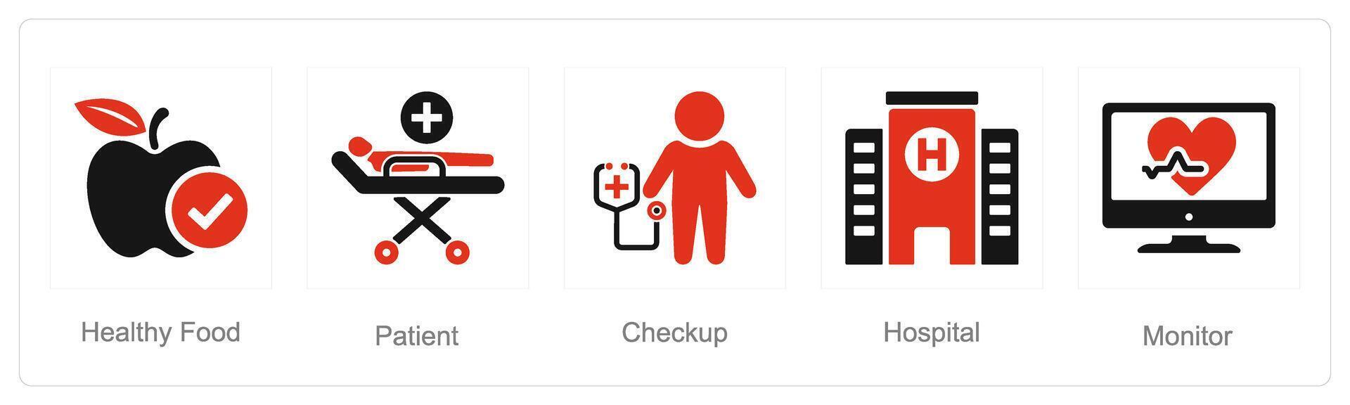 uma conjunto do 5 saúde checar ícones Como saudável comida, paciente, checar vetor