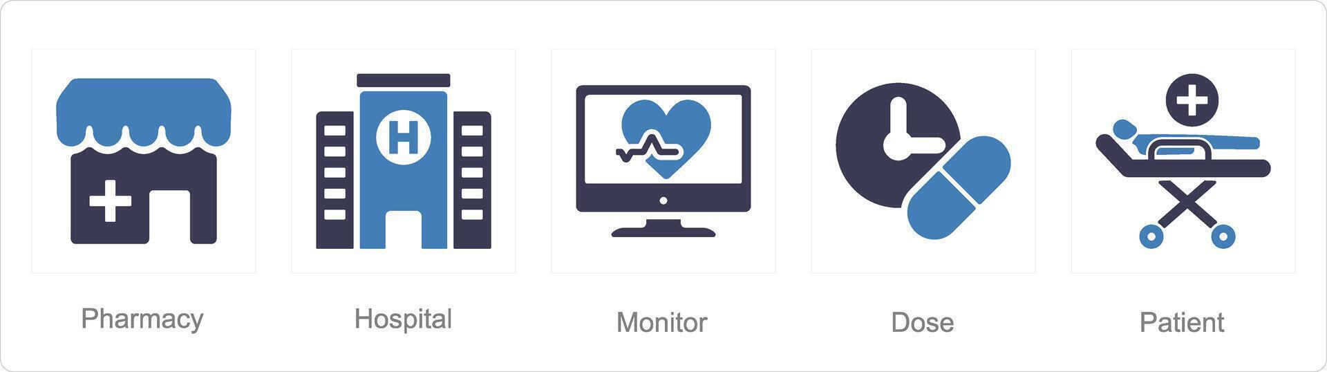 uma conjunto do 5 saúde checar ícones Como farmacia, hospital, monitor vetor