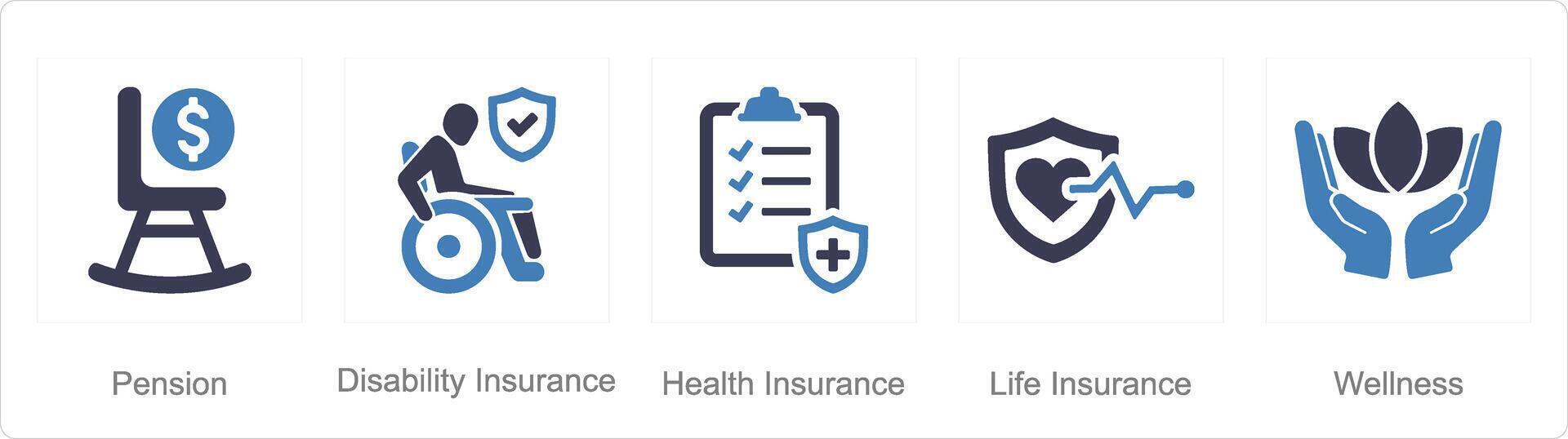 uma conjunto do 5 empregado benefícios ícones Como pensão, incapacidade seguro, saúde seguro vetor