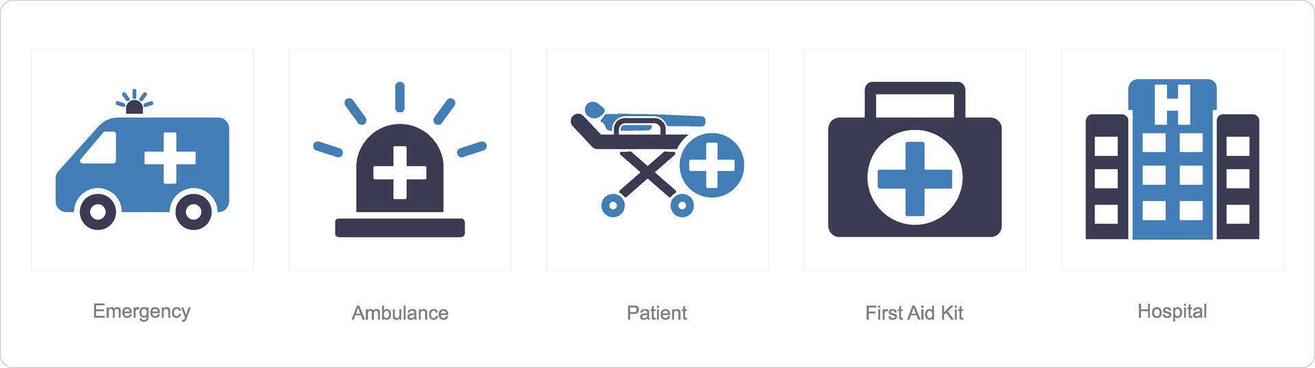 uma conjunto do 5 emergência ícones Como emergência, ambulância, paciente vetor