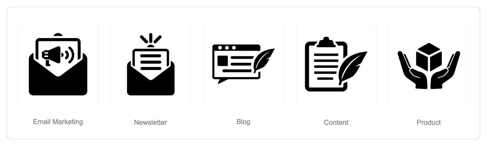 uma conjunto do 5 digital marketing ícones Como o email marketing, Boletim de Notícias, blog vetor