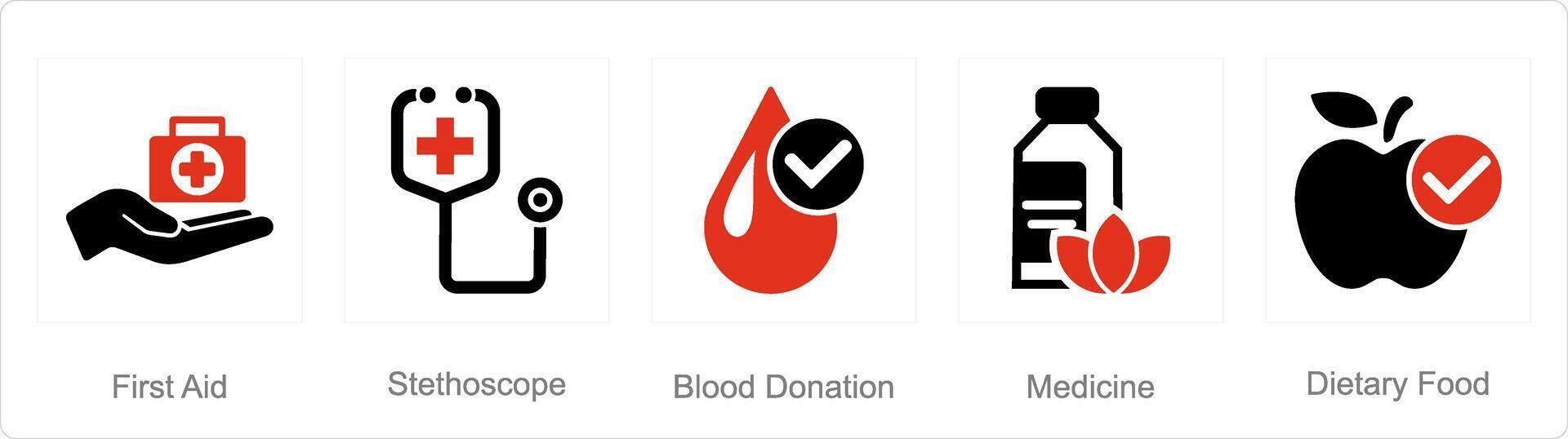 uma conjunto do 5 misturar ícones Como primeiro ajuda, estetoscópio, sangue doação vetor
