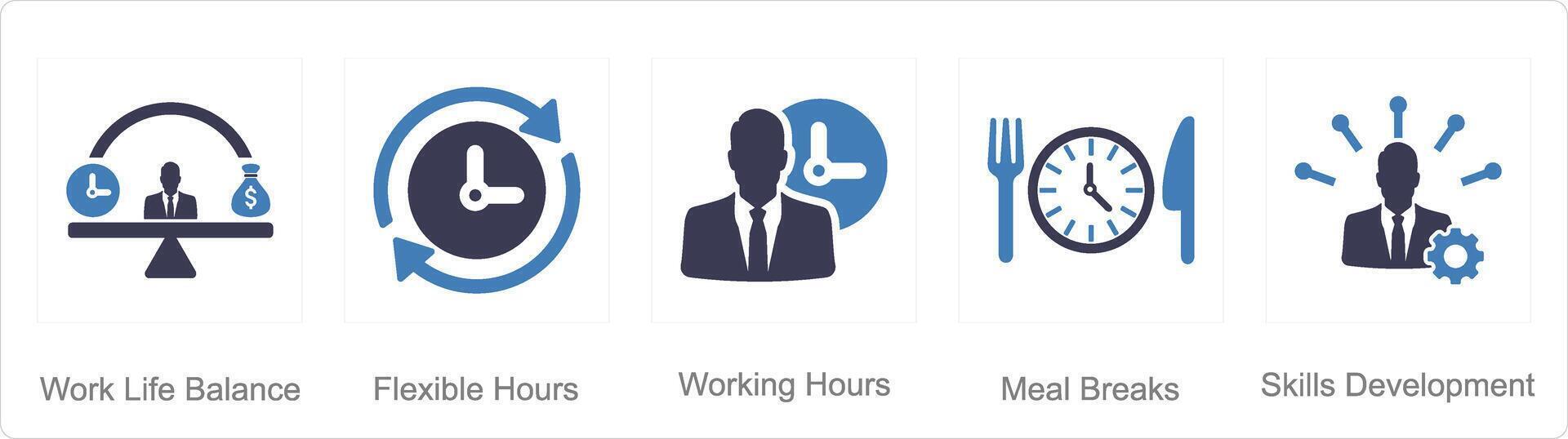 uma conjunto do 5 empregado benefícios ícones Como trabalhos vida equilíbrio, flexível horas, trabalhando horas vetor