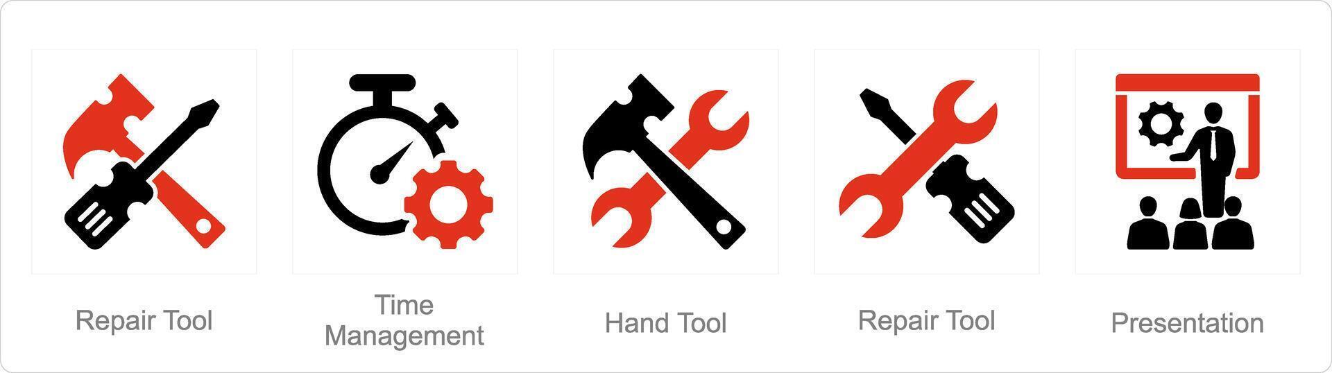 uma conjunto do 5 misturar ícones Como reparar ferramenta, Tempo gerenciamento, mão ferramenta vetor