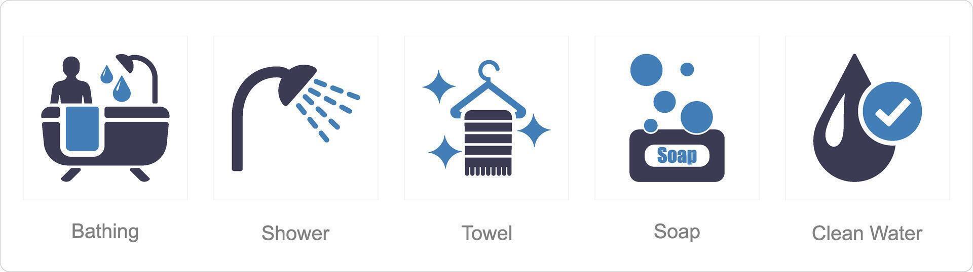 uma conjunto do 5 higiene ícones Como tomando banho, banho, toalha vetor