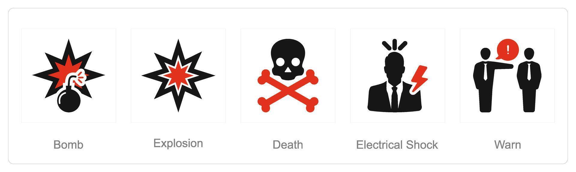 uma conjunto do 5 perigo Perigo ícones Como bombear, explosão, morte, elétrico choque vetor