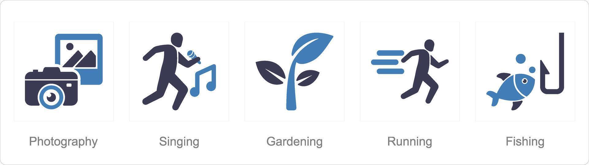 uma conjunto do 5 passatempo ícones Como fotografia, cantoria, jardinagem vetor