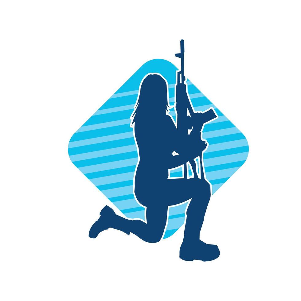 silhueta do uma fêmea soldado carregando máquina arma de fogo arma. vetor