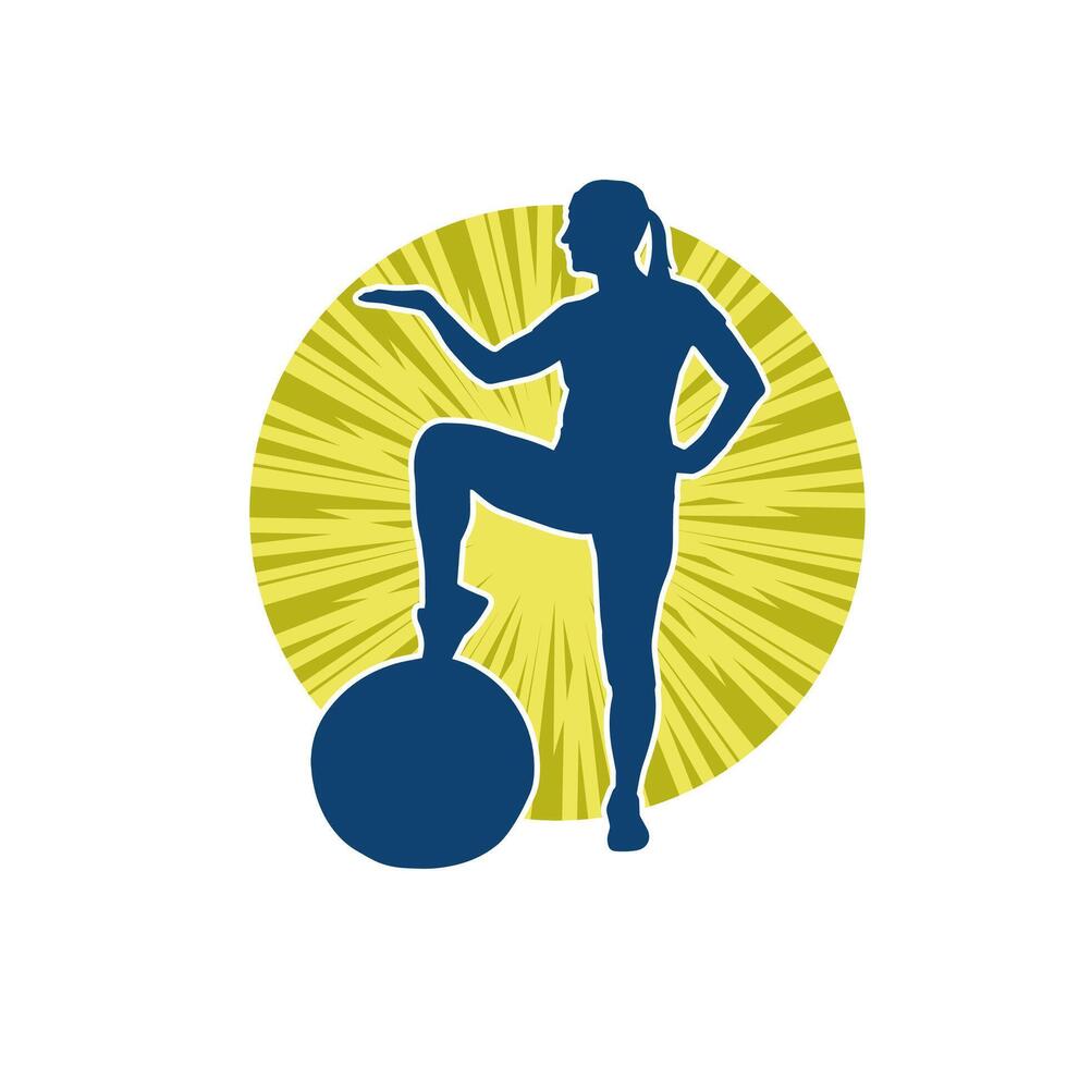 silhueta do uma fino desportivo mulher fazendo pilates exercício usando Academia bola. silhueta do uma desportivo fêmea fazendo fisica exercício usando ginástica bola. vetor