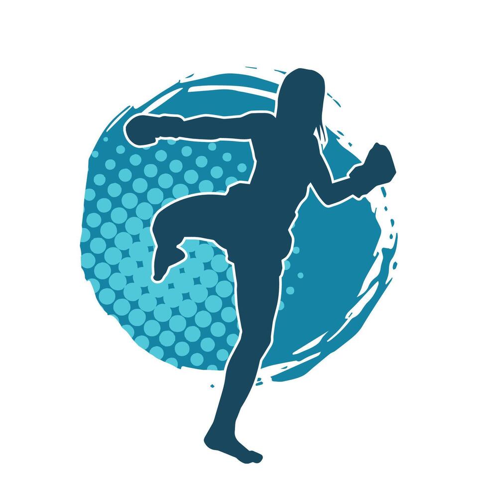 silhueta do uma fêmea kickboxer atleta dentro açao pose. silhueta do uma desportivo mulher fazendo chutando pose. vetor