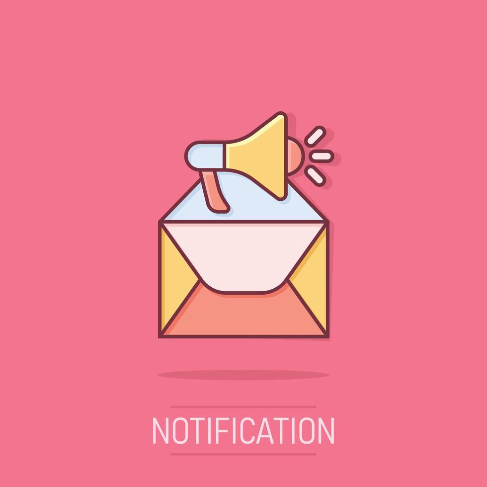envelope notificação ícone dentro quadrinho estilo. o email com alto falante desenho animado vetor ilustração em isolado fundo. receber enviar mensagem respingo efeito o negócio conceito.