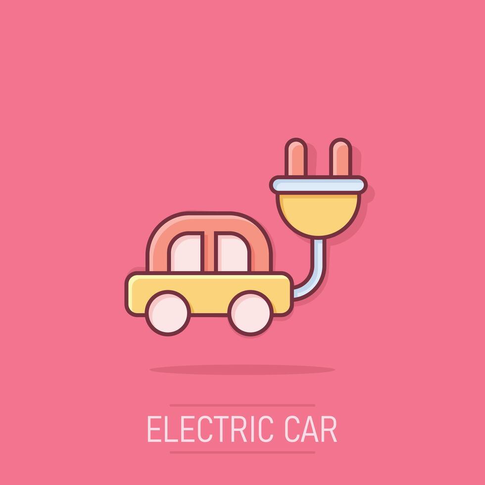 elétrico carro ícone dentro quadrinho estilo. eletro auto desenho animado vetor ilustração em isolado fundo. ecologia transporte respingo efeito o negócio conceito.