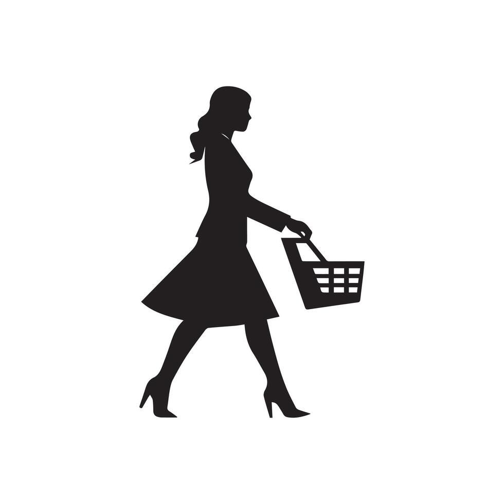 compras mulher silhueta. Preto vetor ilustração isolado em branco fundo.