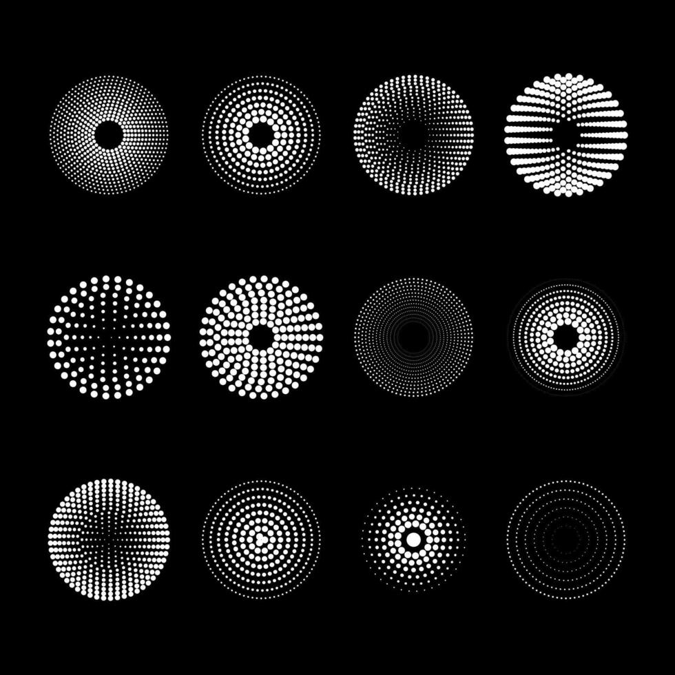 abstrato círculos a partir de pontos desbotando para a Centro. conjunto do ponto spray ou escova vetor objetos em uma Preto fundo