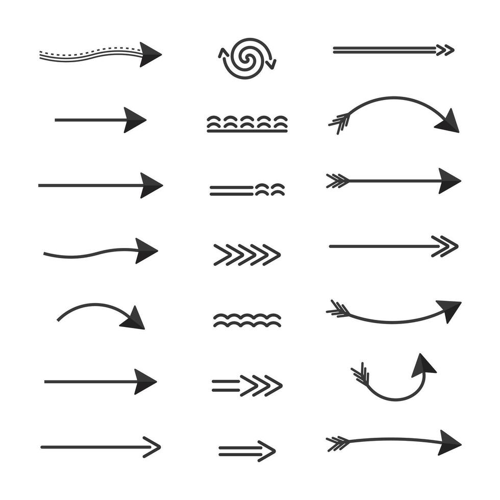 Setas; flechas direção do movimento, uma conjunto do Preto Setas; flechas do diferente formas pontilhado torcido ponteiros pontos de referência. vetor elementos isolar