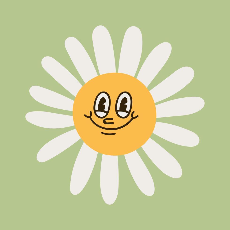 coleção do magnífico camomila flores retro margarida sorrisos dentro desenho animado estilo. conjunto do feliz Anos 70 adesivos. vetor gráfico ilustração dentro hippie estilo.