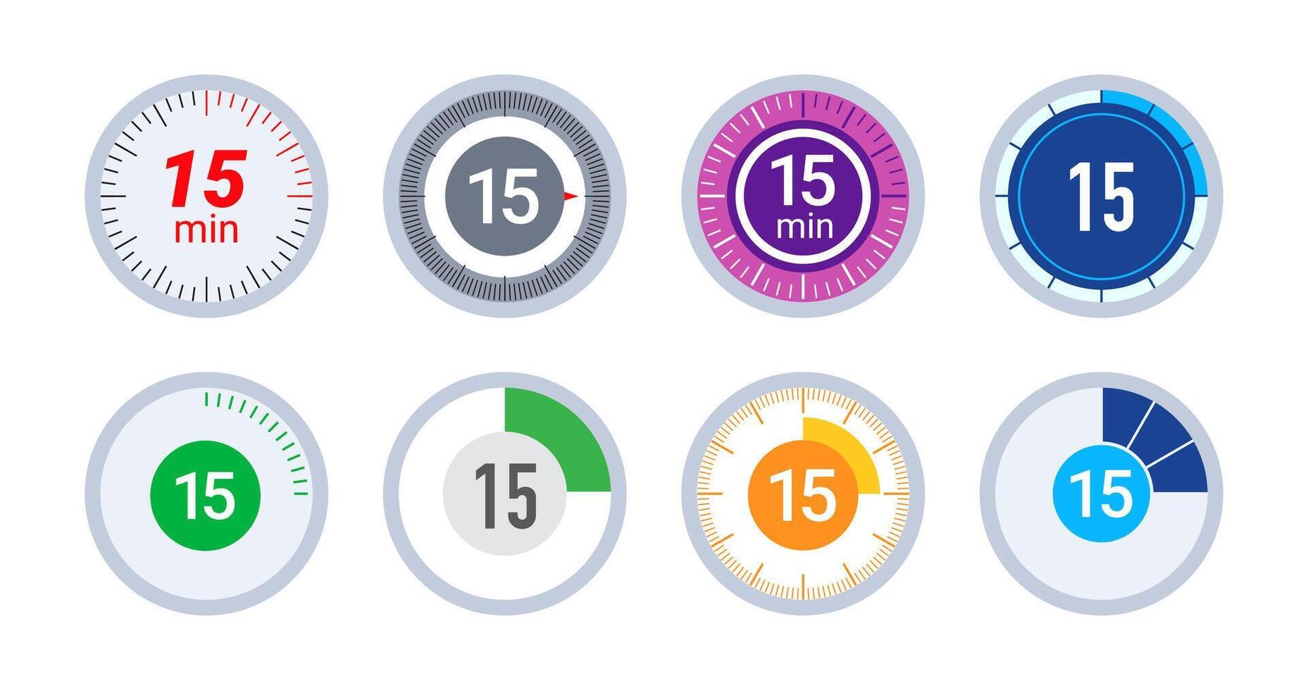 15 minuto contagem regressiva. cronômetro, cronômetro ícones definir. vetor ilustração
