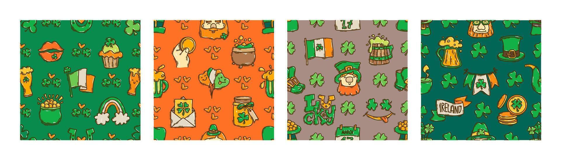 st patricks dia desatado padronizar fundo fofa desenhado à mão irlandês feriado ícones, símbolos, e elementos. vetor