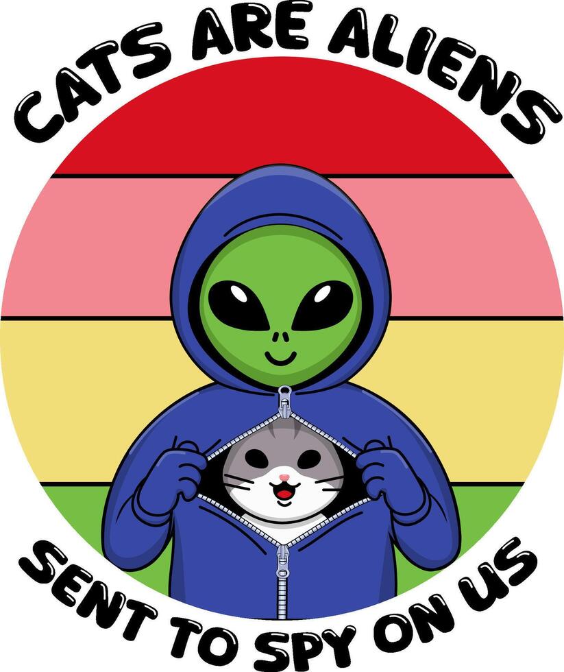 gatos estão alienígenas. a gato desgasta a estrangeiro traje e esconde dentro. vetor impressão em uma listrado arco Iris fundo com a inscrição. adequado para poster, camiseta, adesivo, logotipo.