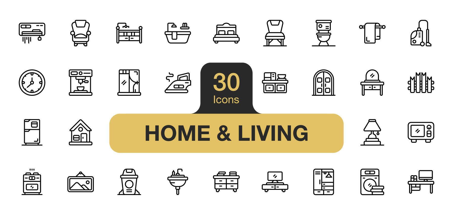 conjunto do 30 casa e vivo ícone elemento conjuntos. inclui relógio, banheiro, luminária mesa, pequeno armário, cadeirão, foto, e mais. esboço ícones vetor coleção.