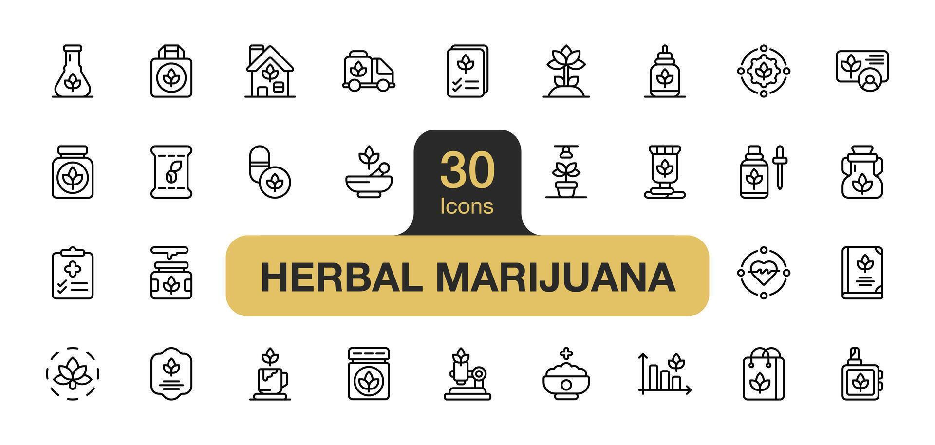 conjunto do 30 ervas maconha ícone elemento conjuntos. inclui cannabis produtos, maconha, Extração, clínico, cbd óleo, cannabis sementes, óleo, e mais. esboço ícones vetor coleção.