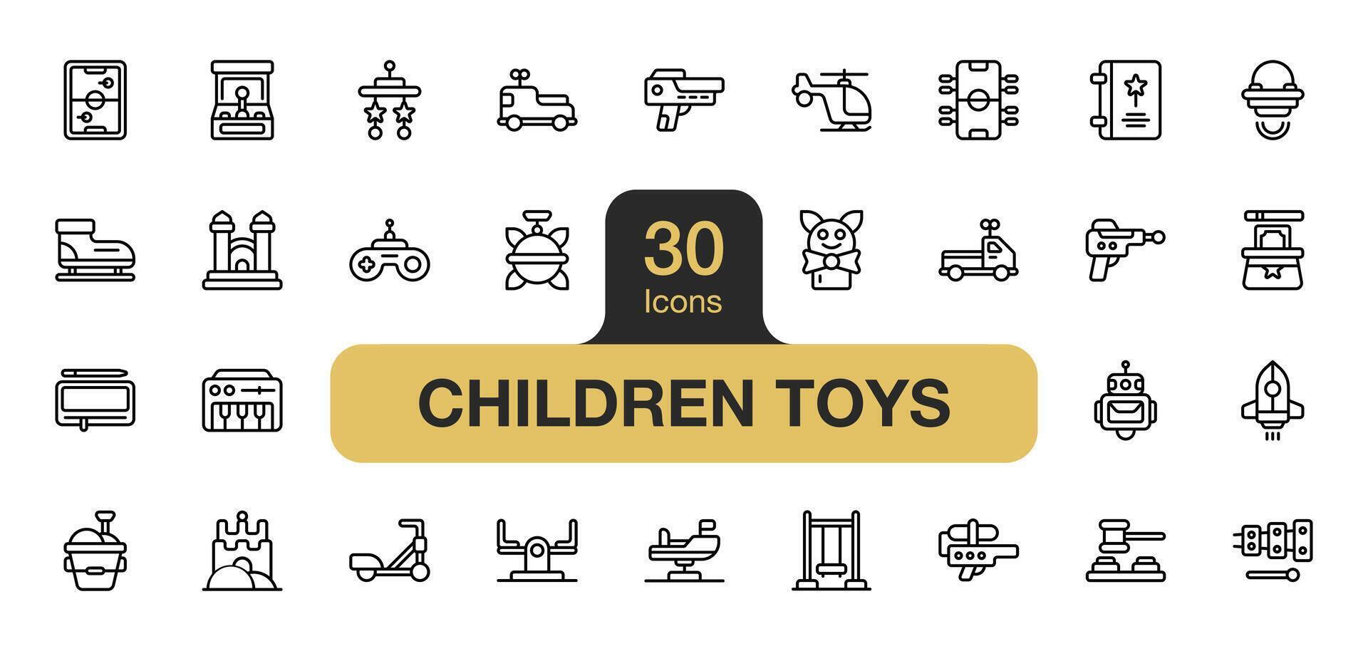 conjunto do 30 crianças brinquedos ícone elemento conjuntos. inclui conto, castelo, fantoche, quadro, piano, patim, e mais. esboço ícones vetor coleção.