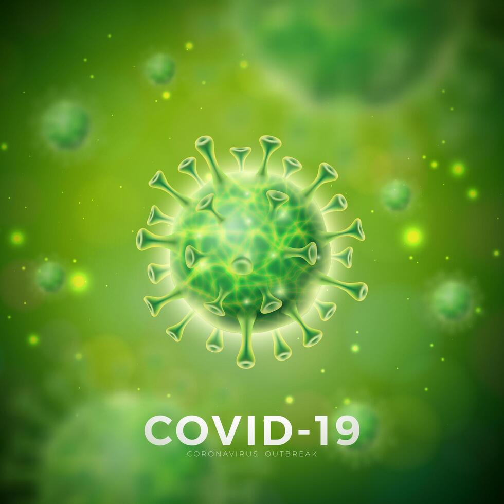 COVID-19. coronavírus surto Projeto com vírus célula dentro microscópico Visão em verde fundo. vetor ilustração modelo em perigoso sars epidemia tema para promocional bandeira ou folheto.