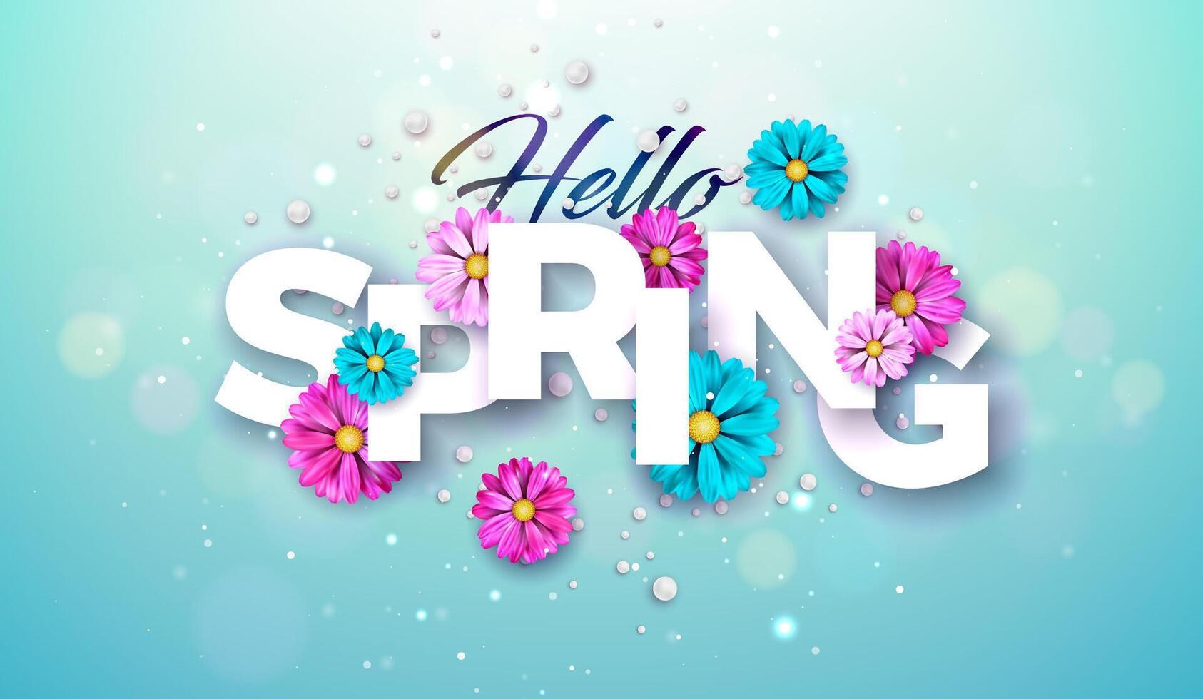 Olá Primavera natureza tema ilustração com colorida flor e tipografia letras em azul fundo. floral Projeto modelo com tipografia carta para bandeira, folheto, convite, poster ou cumprimento vetor