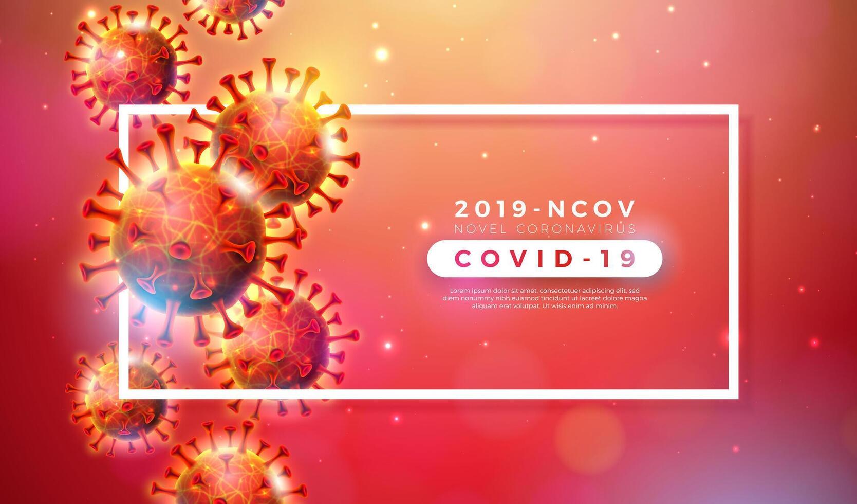 COVID-19. coronavírus surto Projeto com vírus célula dentro microscópico Visão em brilhante vermelho fundo. vetor 2019-ncov corona vírus ilustração em perigoso sars epidemia tema para promocional bandeira.