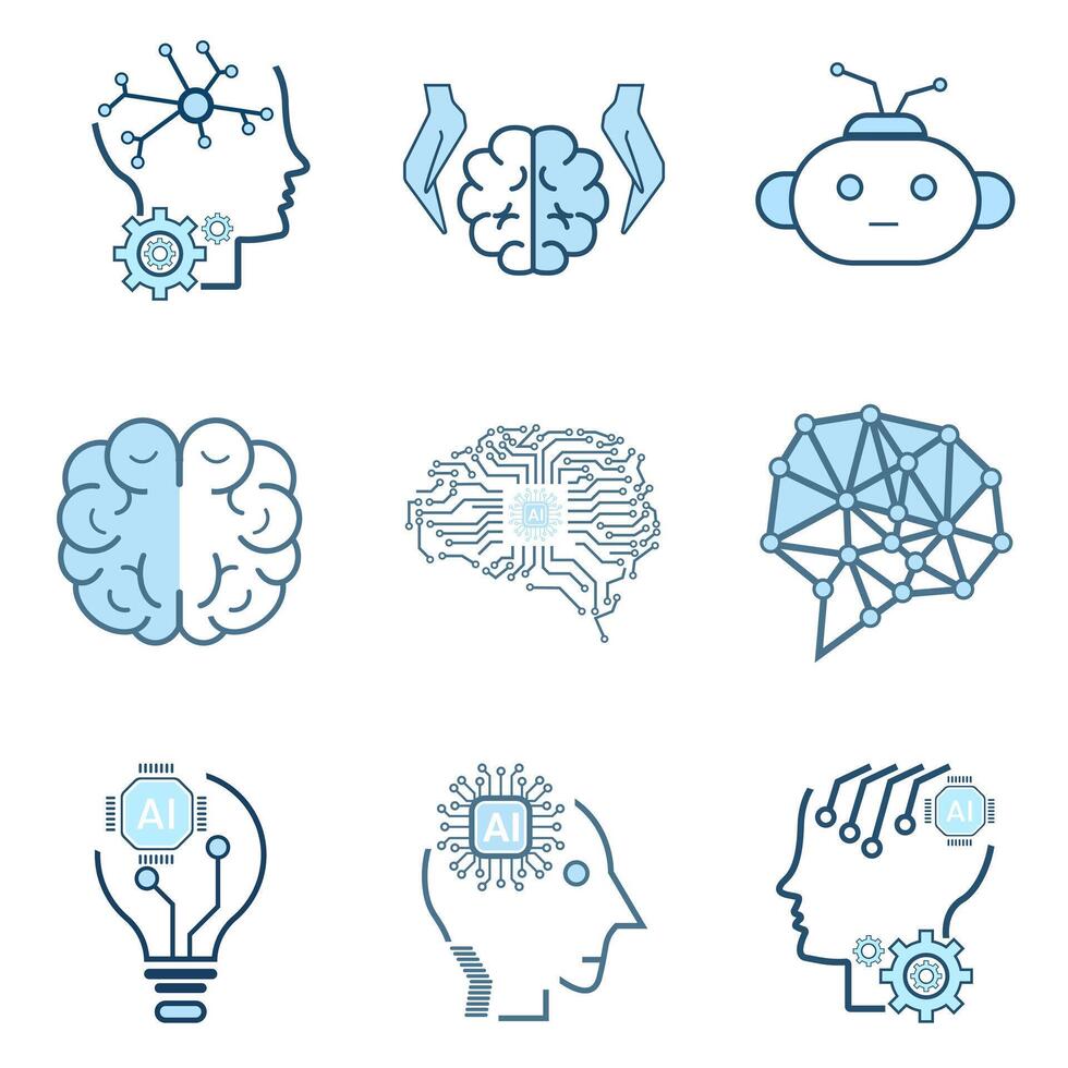 grupos do ai símbolos, artificial ai ícones coleção, isolado forrado máquina ai ícone, conjunto do cérebro, cibernético, ai, cabeça, tecnologia conceitos vetor