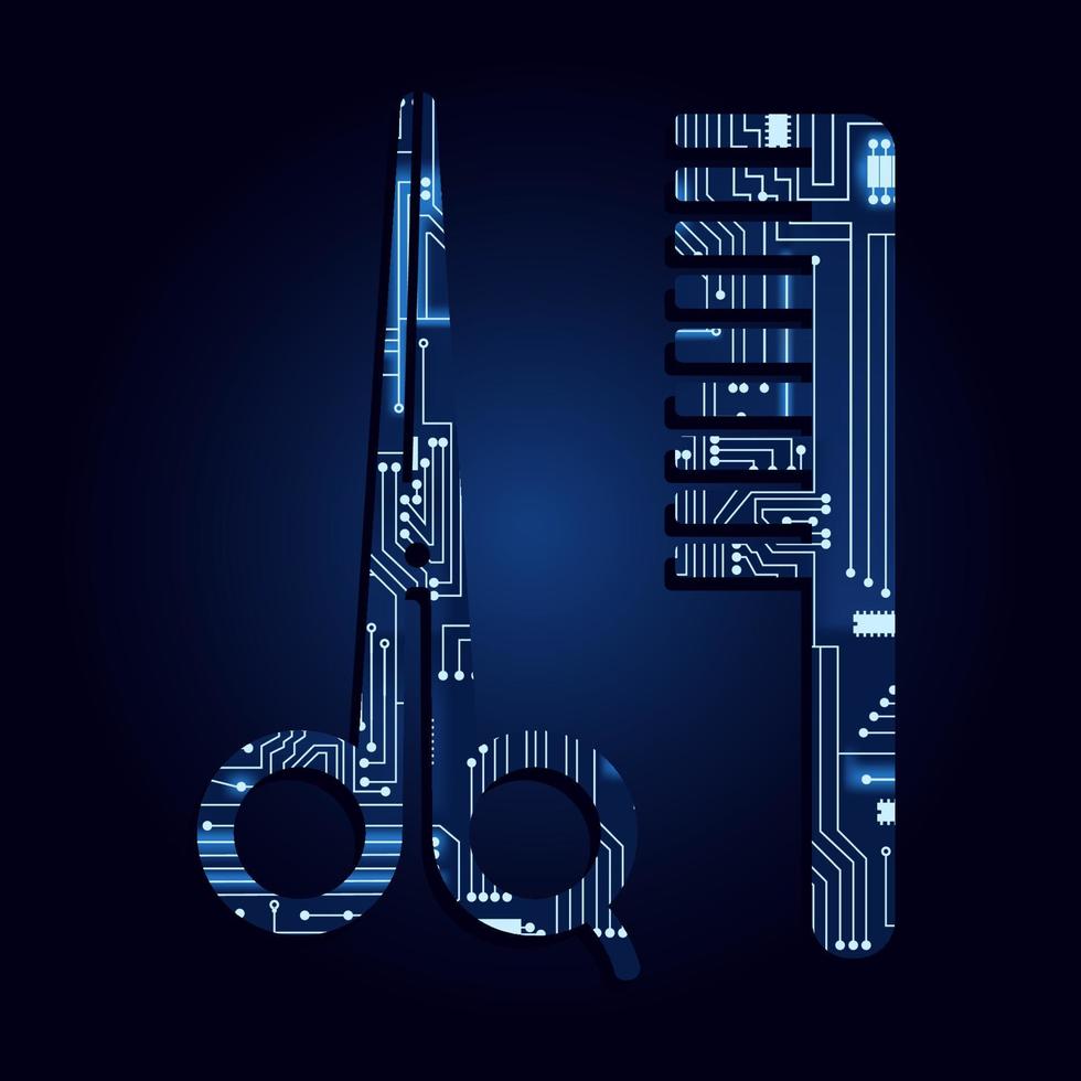 tesoura e símbolo de pente com um circuito eletrônico tecnológico. fundo azul. vetor