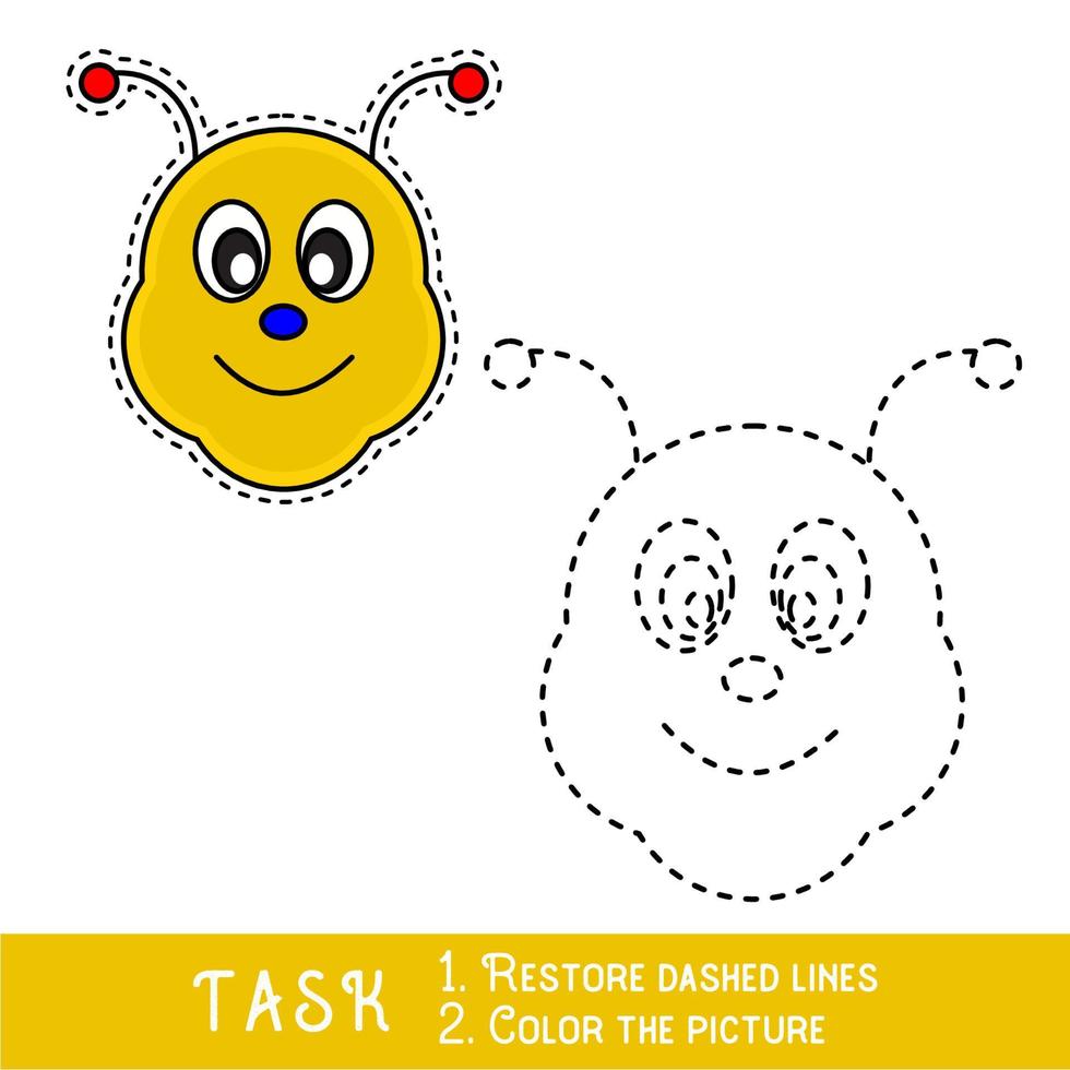 planilha de desenho para crianças pré-escolares com nível de dificuldade de jogo fácil, jogo educacional simples para crianças rastreamento de uma linha do rosto de abelha vetor