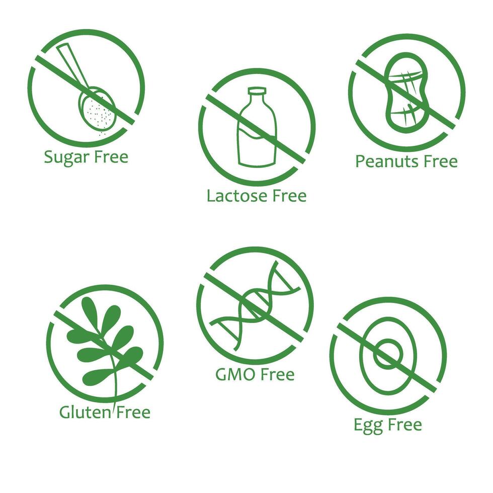 conjunto do glúten, OGM, lactose, açúcar, ovo, amendoim livre ícones. alérgeno livre símbolos vetor