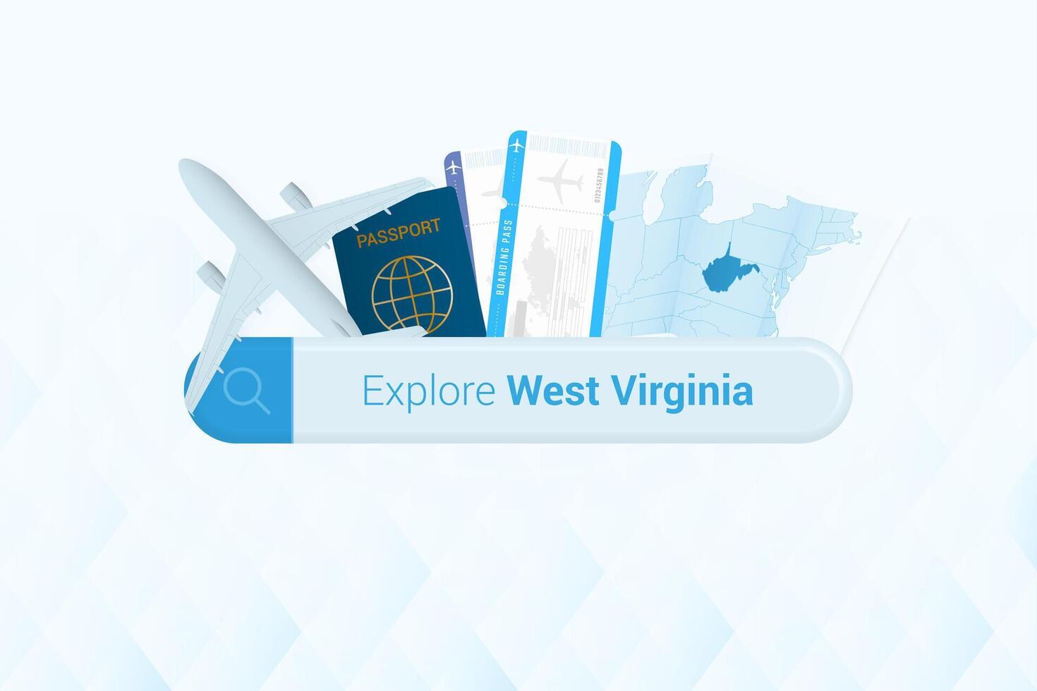 procurando bilhetes para oeste Virgínia ou viagem destino dentro oeste Virgínia. procurando Barra com avião, Passaporte, embarque passar, bilhetes e mapa. vetor