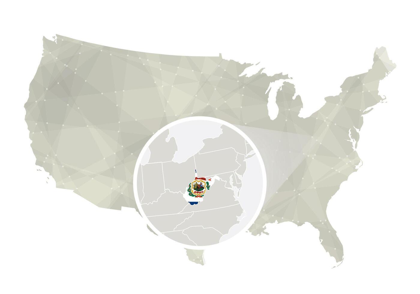 poligonal abstrato EUA mapa com ampliado oeste Virgínia estado. vetor