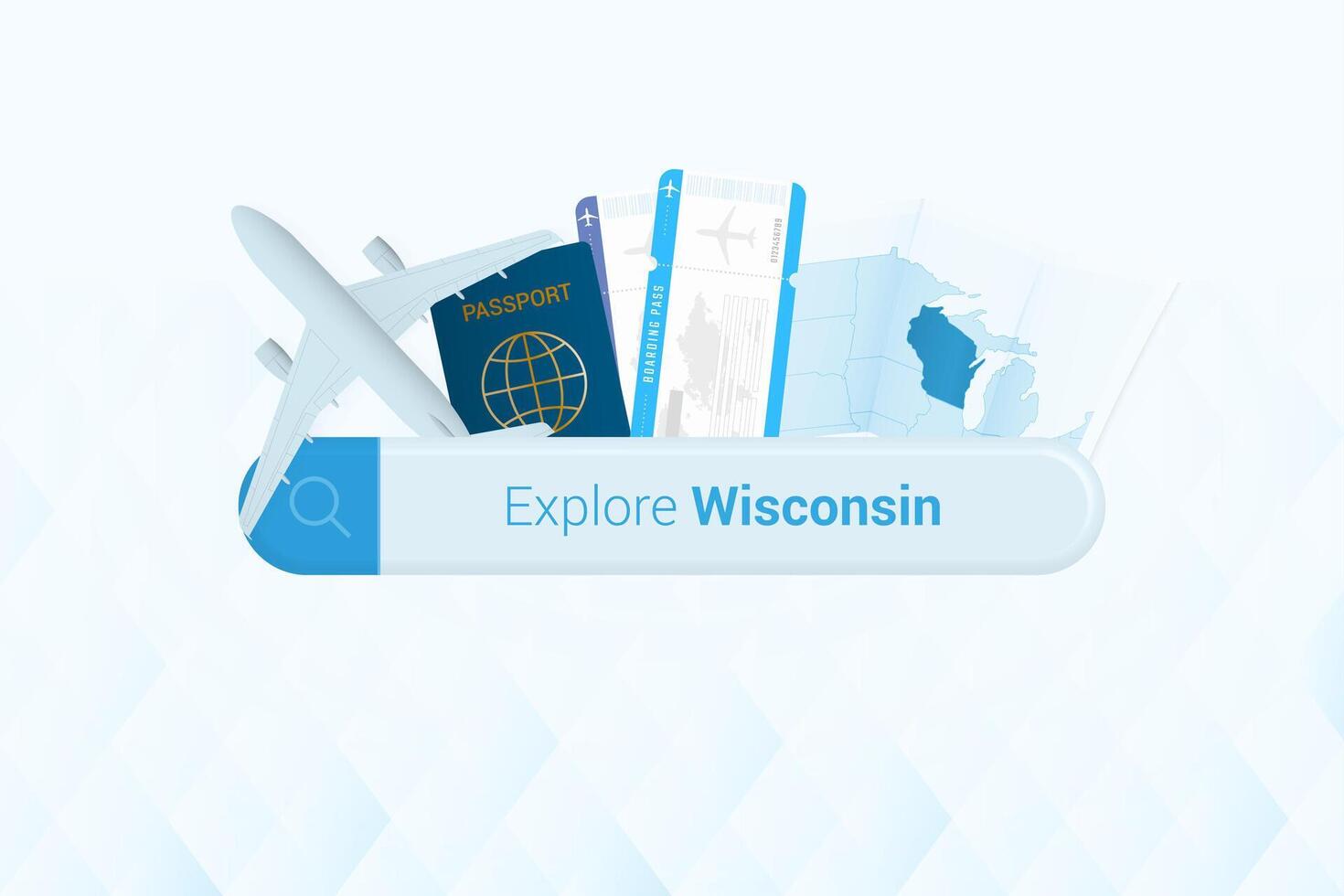 procurando bilhetes para Wisconsin ou viagem destino dentro wisconsin. procurando Barra com avião, Passaporte, embarque passar, bilhetes e mapa. vetor