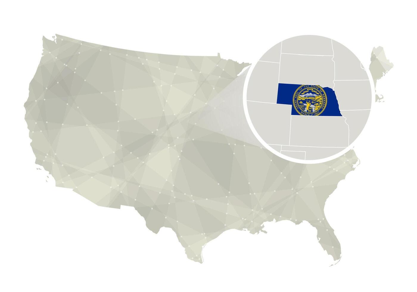 poligonal abstrato EUA mapa com ampliado Nebraska estado. vetor