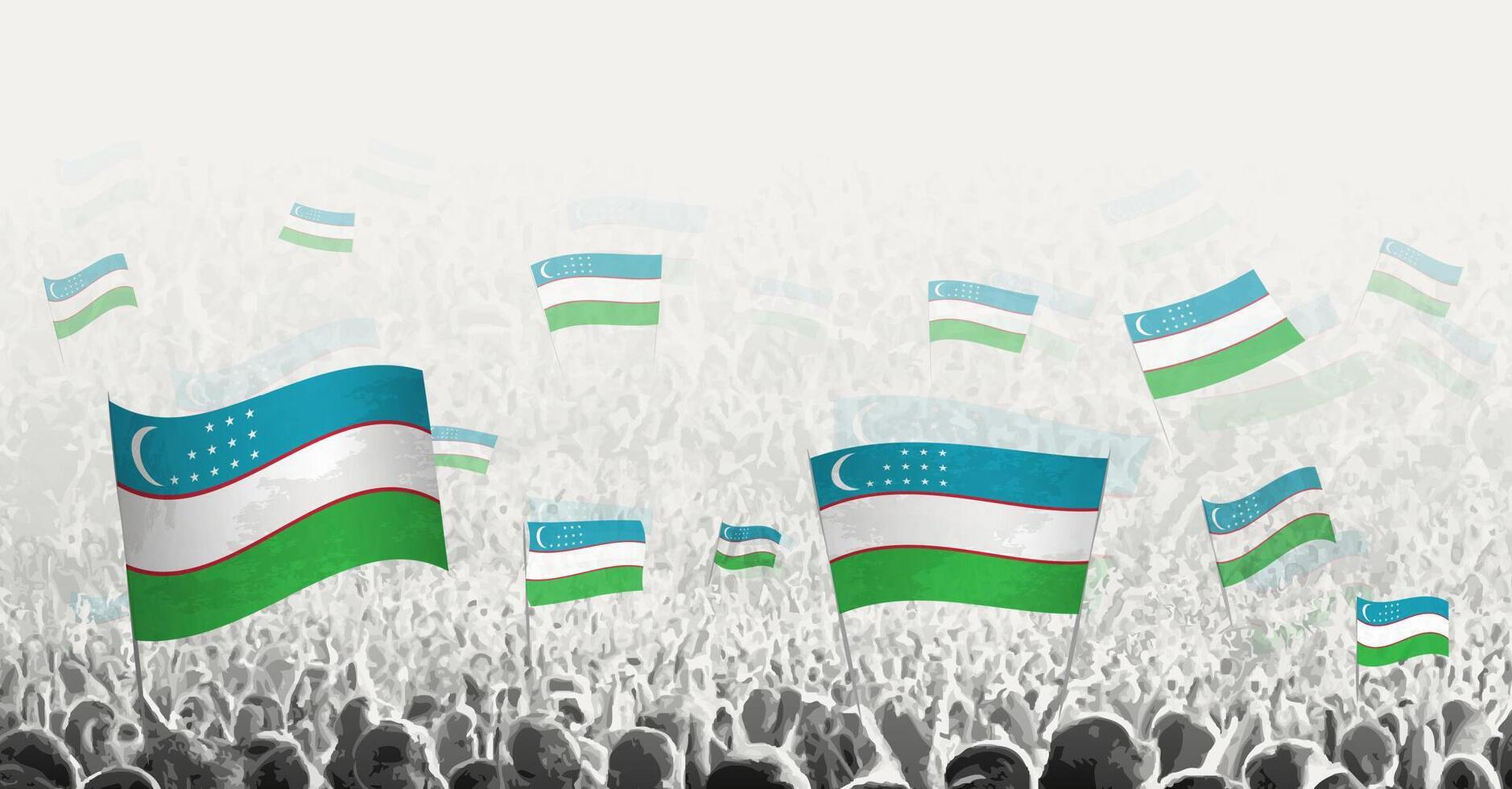 abstrato multidão com bandeira do uzbequistão. povos protesto, revolução, greve e demonstração com bandeira do uzbequistão. vetor
