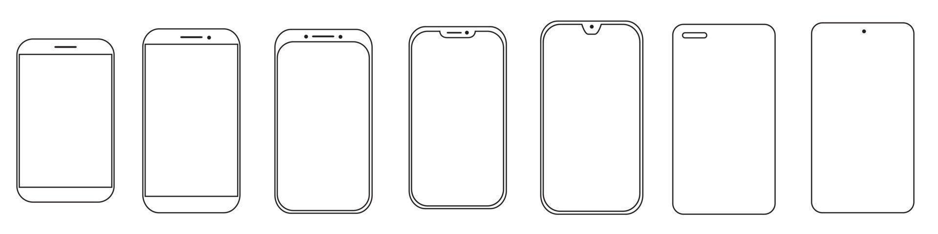 definir smartphone de modelos pretos diferentes na moda realistas de alta qualidade com ícone de vista frontal de tela de toque vazia. sinal de smartphone de maquete de linha detalhada, telefone celular modelo linear, app, interface do usuário, interface do usuário, vista frontal vetor