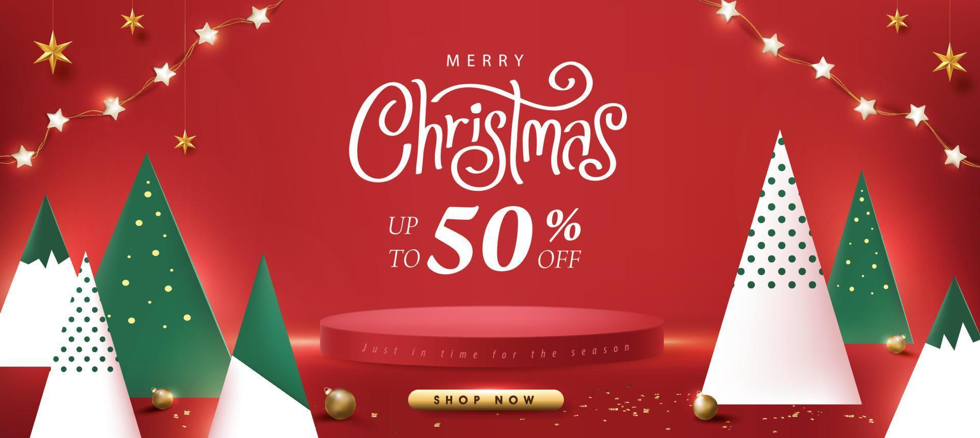 banner de promoção de venda de feliz natal com exibição de produto em formato cilíndrico e estilo de corte de papel de árvore de natal vetor