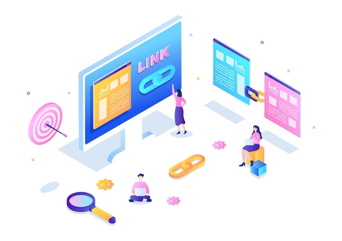 seo link building como otimização de mecanismo de pesquisa, marketing e digital para desenvolvimento de página inicial ou ilustração vetorial de aplicativos móveis vetor