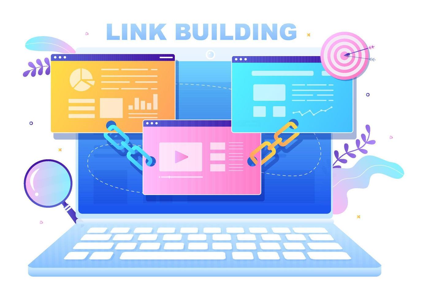 seo link building como otimização de mecanismo de pesquisa, marketing e digital para desenvolvimento de página inicial ou ilustração vetorial de aplicativos móveis vetor