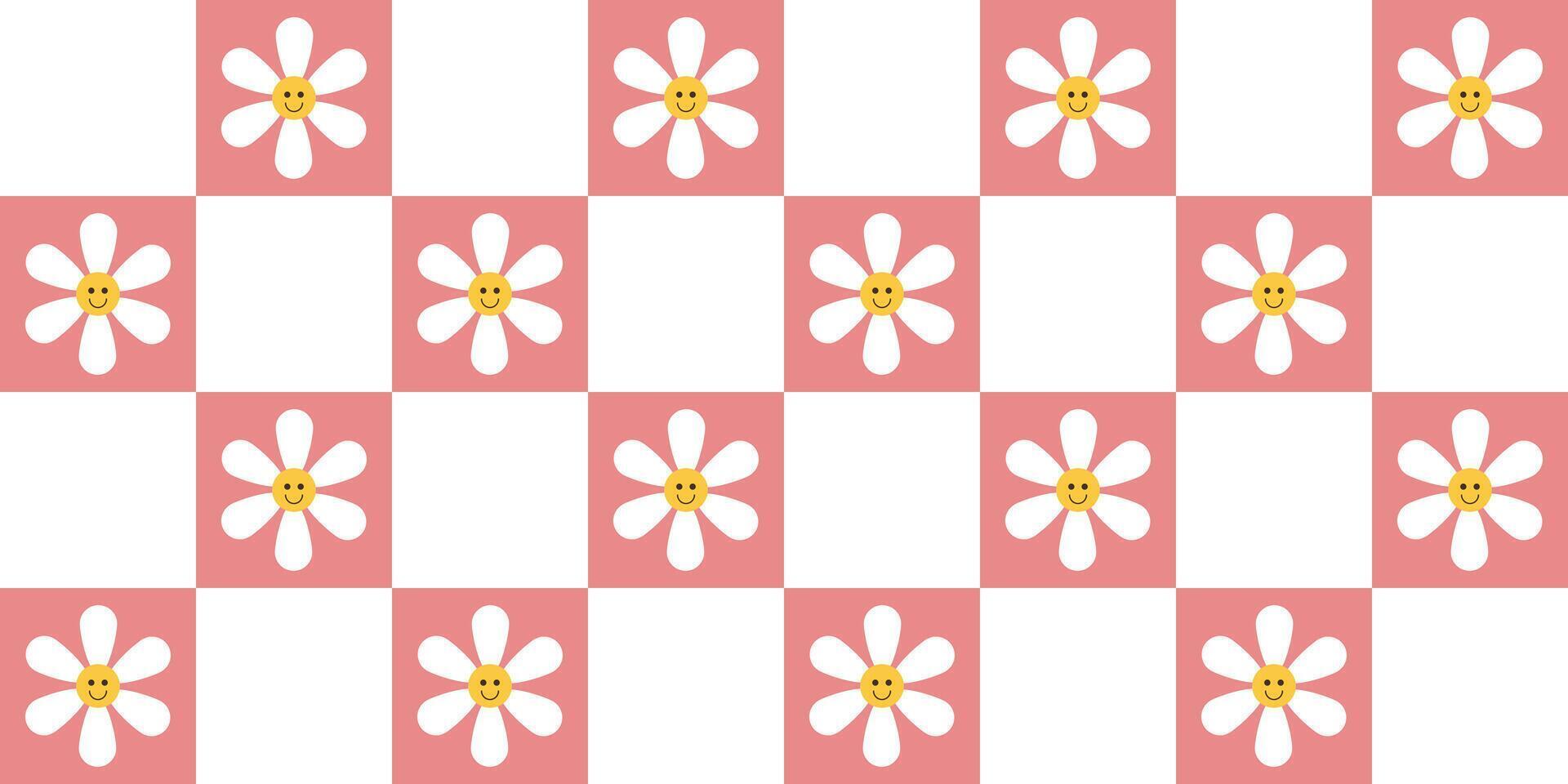 Anos 70 vibrações groovy tabuleiro de damas desatado padronizar ampla quadrado com fofa flor dentro Rosa malha. rede fundo, psicodélico retro estilo. vetor