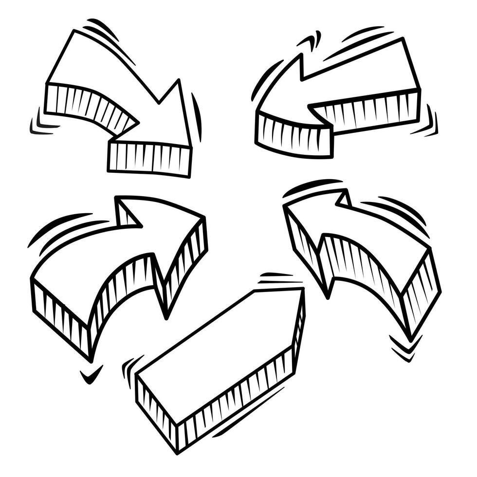 vetor conjunto do abstrato o negócio Setas; flechas. mão desenhado 3d geométrico curvado ponteiros. isolado negrito rabiscos para Projeto para marca.
