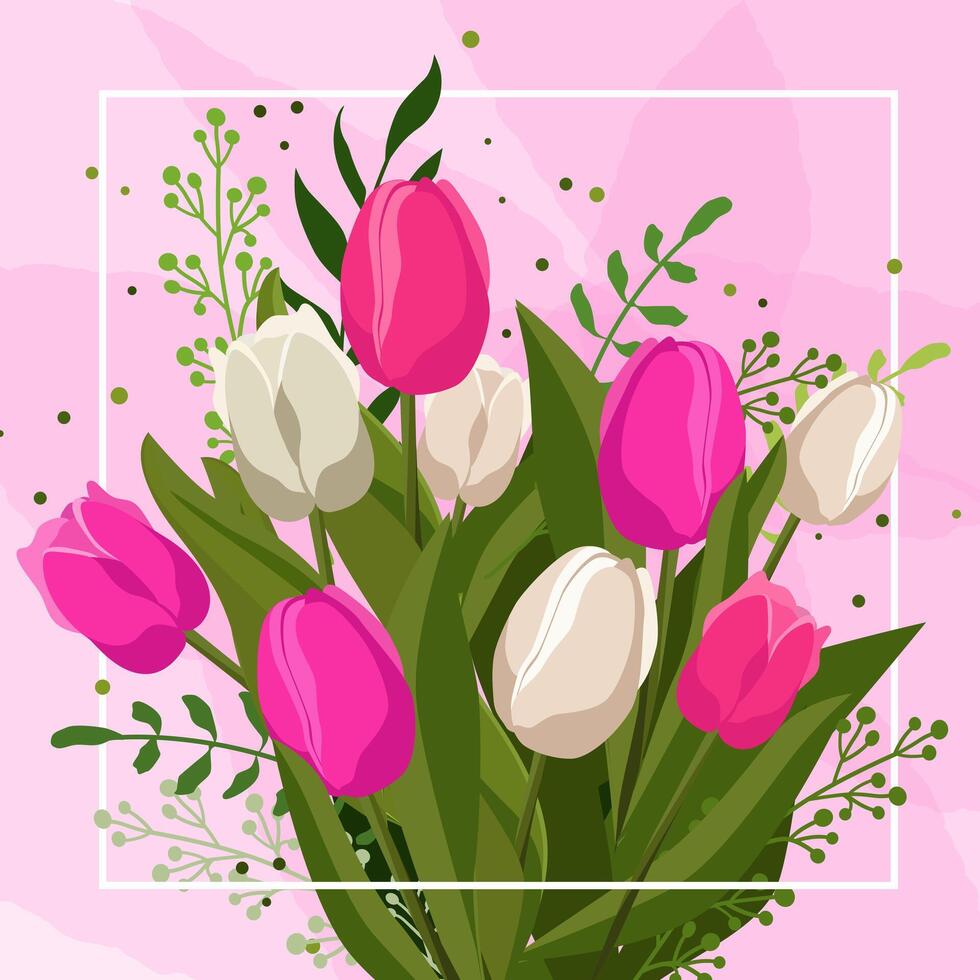 Primavera ramalhete com Rosa e branco tulipas e Relva em Rosa fundo. vetor modelo com flores para projeto, cumprimento cartão, bandeira, quadro, folheto, oferta, poster