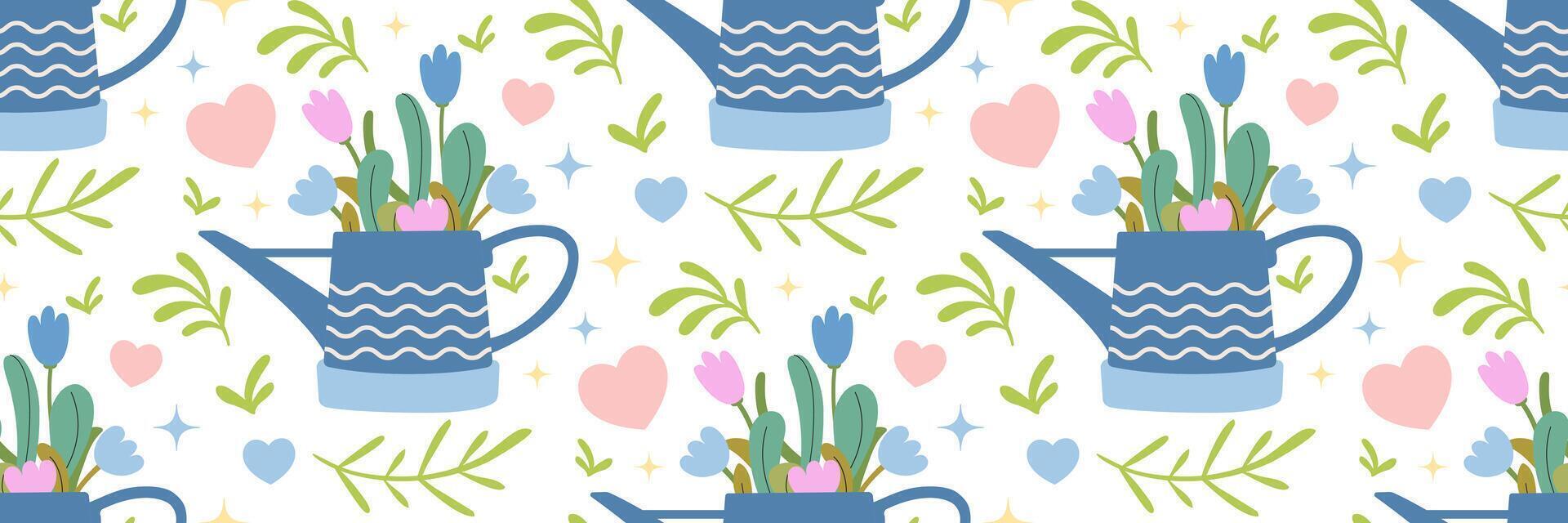 jardim rega pode desatado padronizar. floral fundo com azul flores Primavera humor Projeto. para scrapbooking, cumprimento cartão, festa convite, marcação, adesivo, têxteis, papel de parede. vetor ilustração