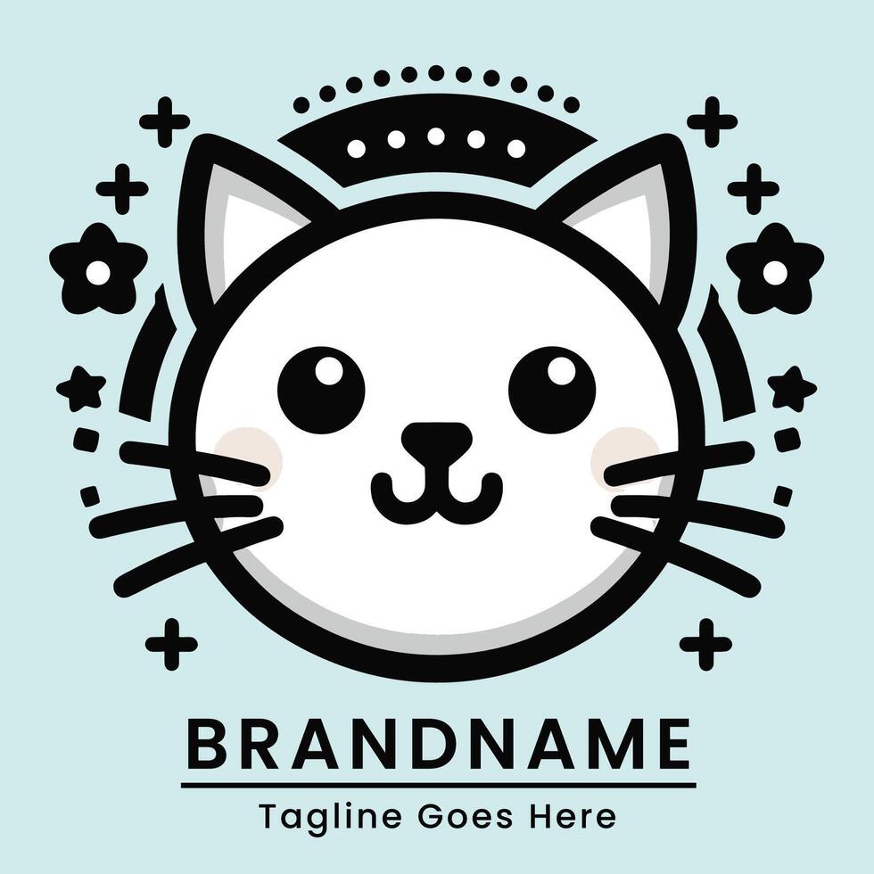 vetor logotipo do uma sorridente branco gato com Preto e branco sakura flores, abraçando uma japonês tema, ideal para alegre branding