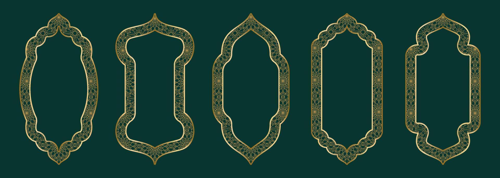 ouro ornamental arco quadro, Armação forma islâmico porta ou janela com geométrico girikh padrão, silhueta árabe arco. luxo conjunto dentro oriental estilo. quadros dentro árabe muçulmano Projeto para Ramadã kareem. vetor