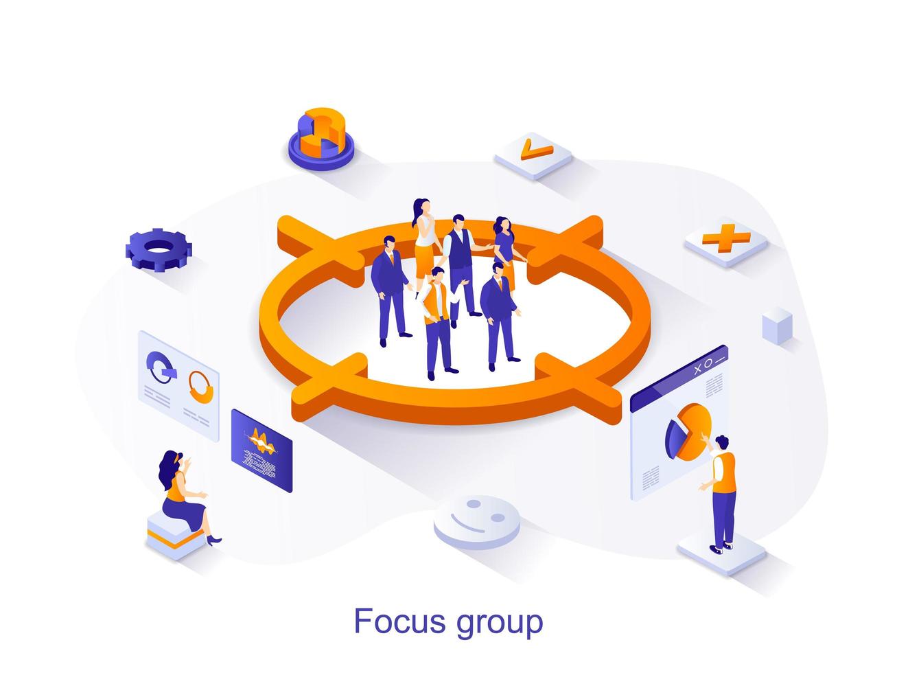 conceito de web isométrica do grupo de foco. as pessoas estudam o público, visam o grupo, pesquisam dados e o comportamento do cliente. cena do método de pesquisa de mercado. ilustração vetorial para modelo de site em design 3D vetor