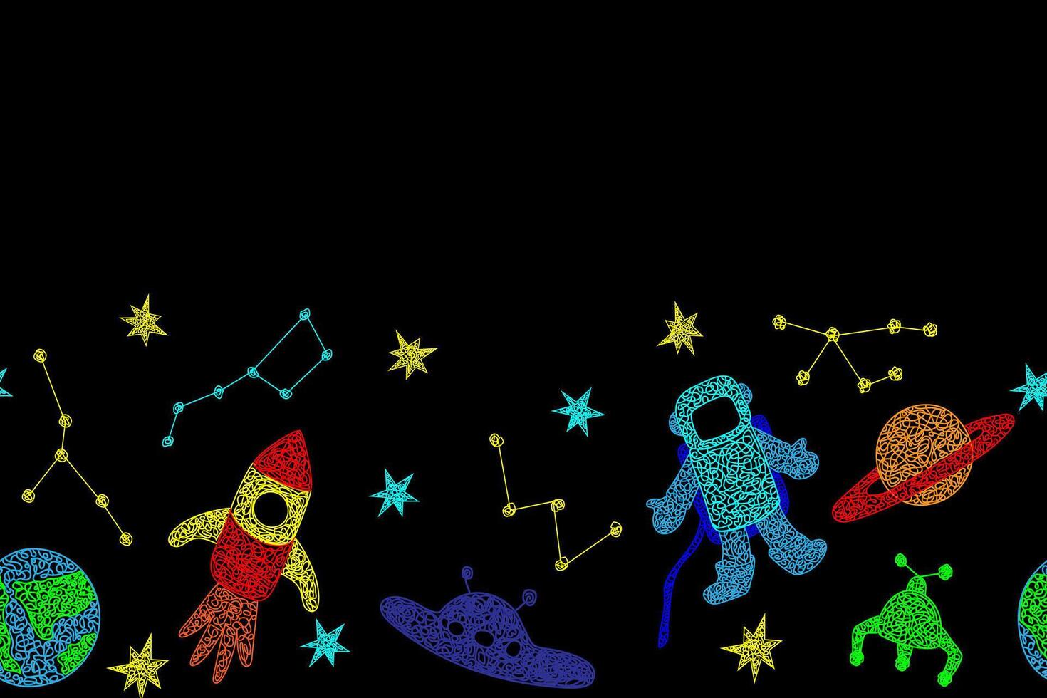 desatado fronteira com mão desenhado estrelas, vôo sauer, planeta, Marte Andarilho, foguete, terra planeta, constelações em Preto fundo dentro crianças ingênuo estilo. vetor
